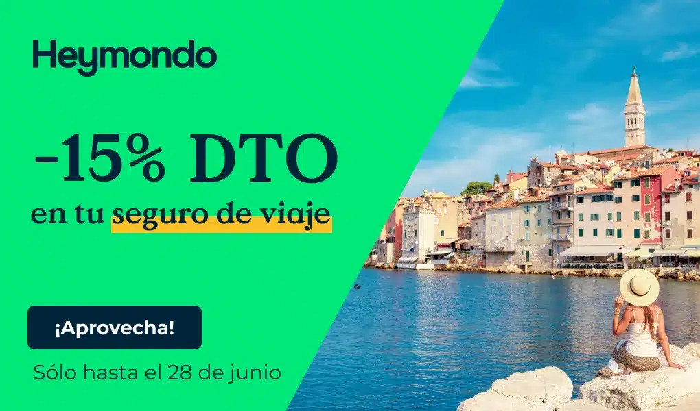 Anuncio Heymondo: 15% DTO seguro viaje con ciudad costera y mujer.