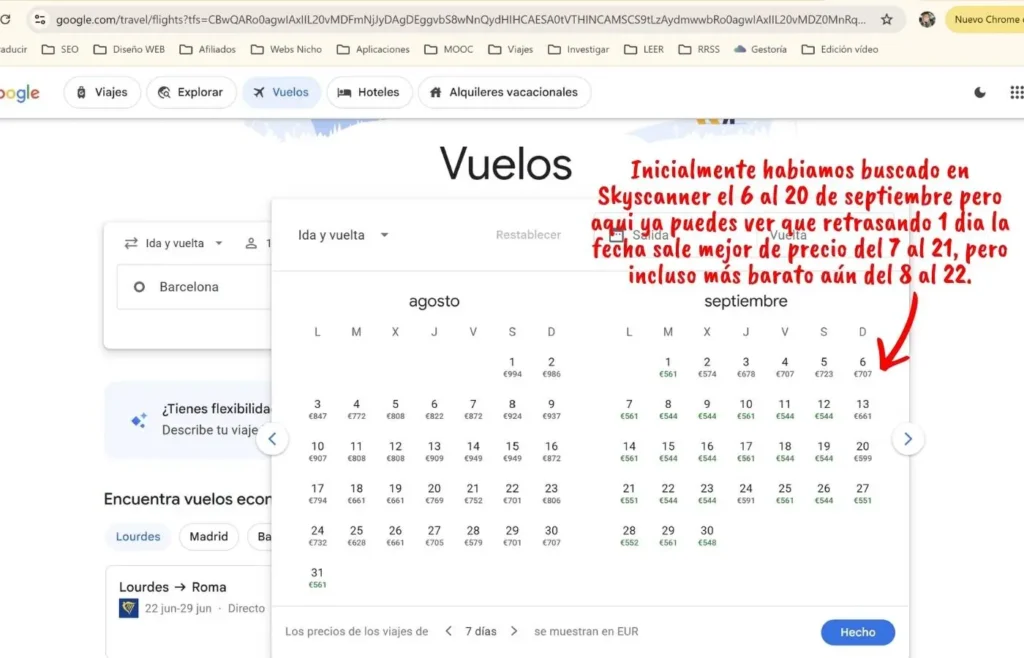 Google Flights: calendario de precios de vuelos y estrategia.