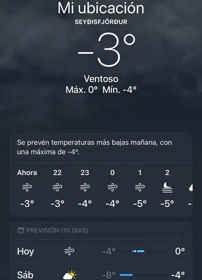 Captura de pantalla de la aplicación del tiempo mostrando temperaturas bajo cero en Islandia.