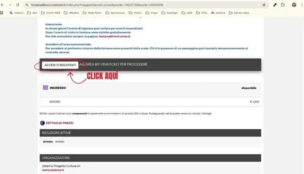 Botón 'Acceder o Registrarse' en página de tickets Fontana di Trevi.
