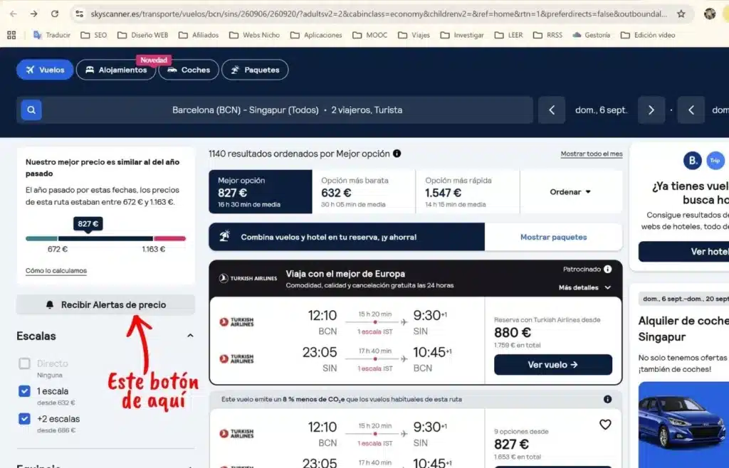 Resultados vuelos Skyscanner Barcelona-Singapur, botón alertas precio.