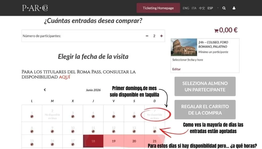 Calendario de compra de entradas con fechas agotadas para el Coliseo.