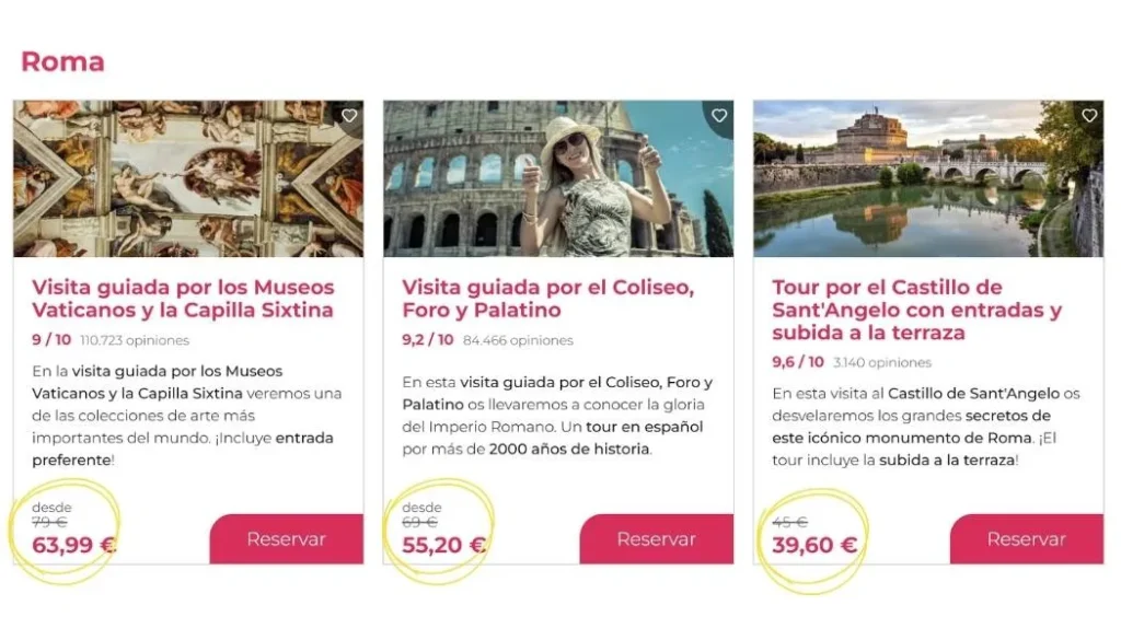 Ofertas de tours por Roma: Vaticano, Coliseo, Sant'Angelo con descuentos.