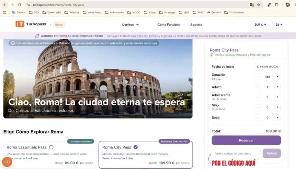 Página web Turbopass: Coliseo de Roma y ofertas de pases.
