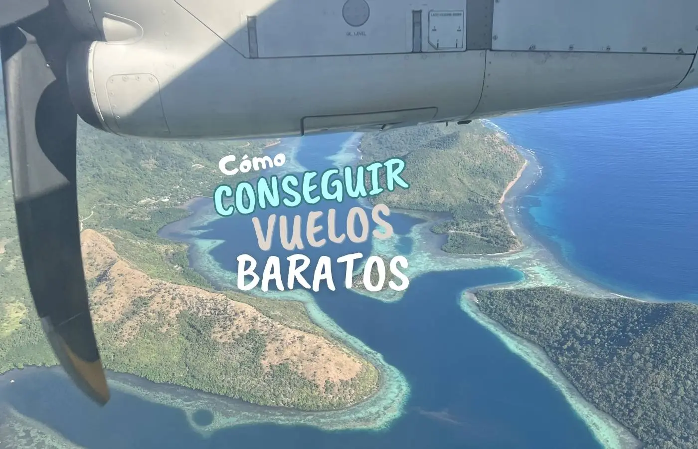 Vista aérea de islas tropicales desde avión, texto 'Vuelos Baratos'.