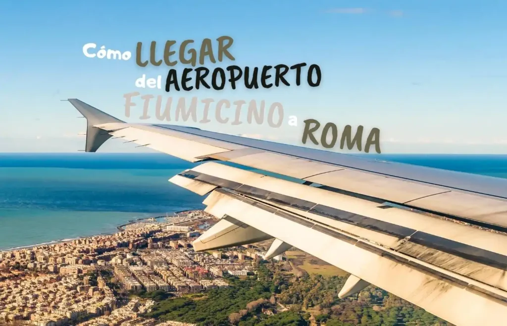 Vista desde la ventanilla de un avión del ala sobrevolando la costa para explicar cómo llegar del aeropuerto de Fiumicino al centro de Roma.