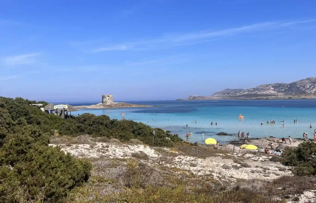 Pasarelas de madera de acceso para proteger el entorno natural de la playa de La Pelosa en Cerdeña.