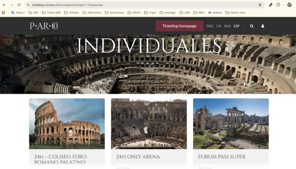 Página web de venta de entradas para el Coliseo y Foro Romano.