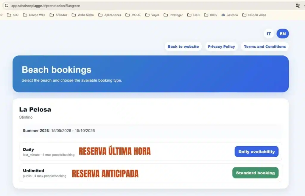Panel de selección entre reserva de última hora y reserva anticipada en la web de La Pelosa.