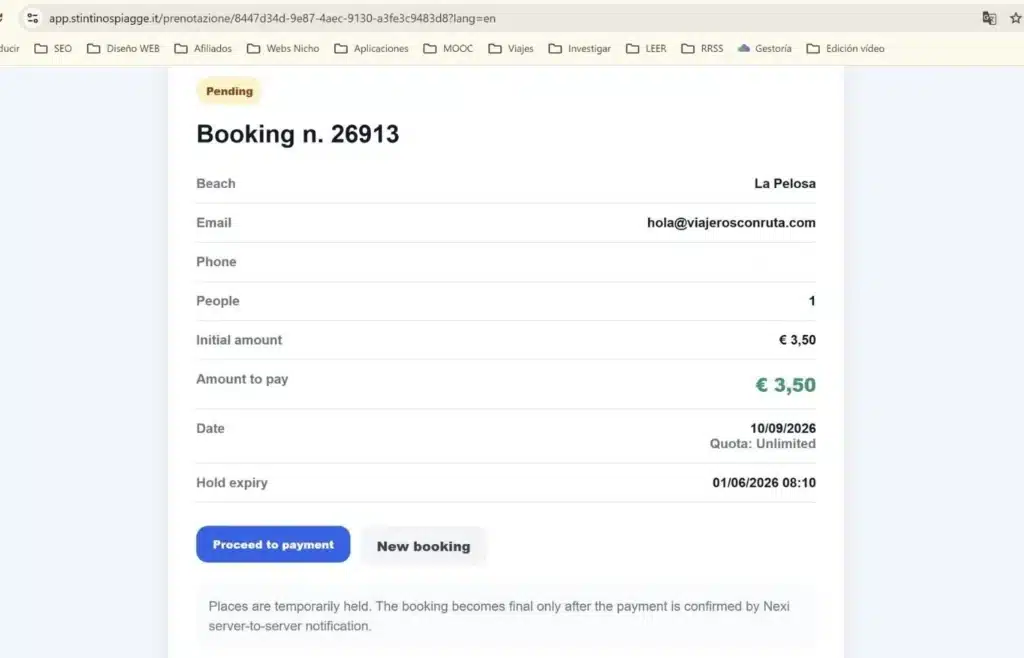 Página de reserva online pendiente con detalles de pago.