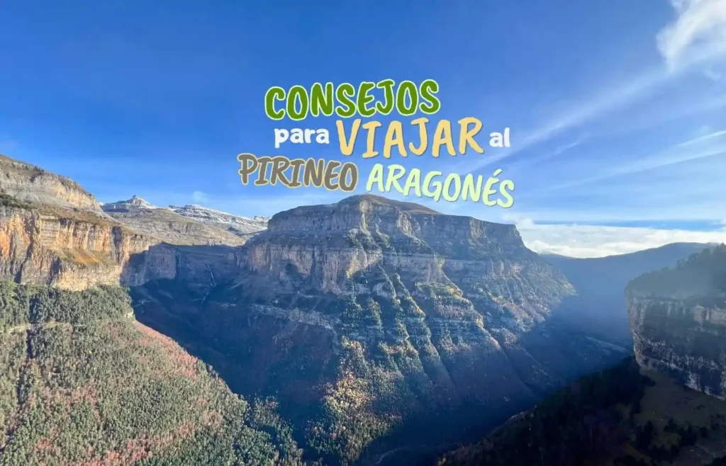 Paisaje del Pirineo Aragonés con montañas, valles y texto informativo.