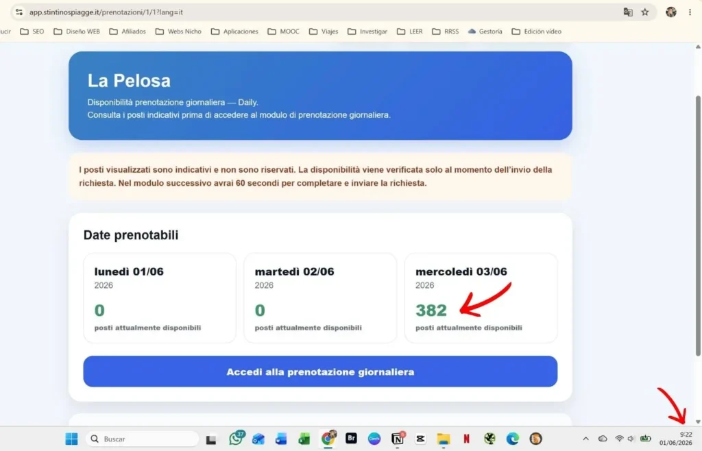 Página web de reserva para La Pelosa, con disponibilidad de plazas.