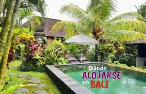 Piscina tropical exuberante en Bali con texto Dónde ALOJARSE.
