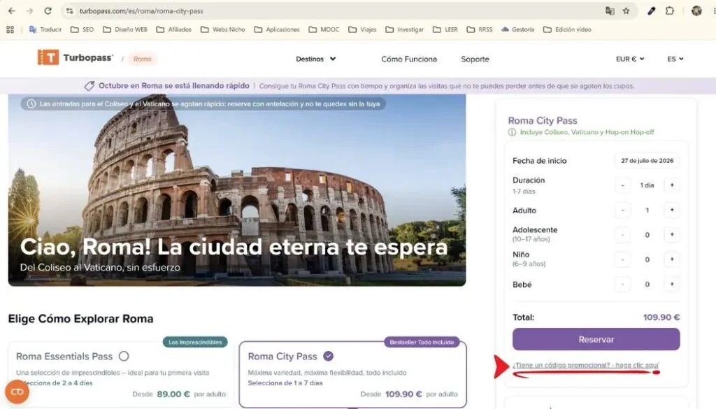 donde poner codigo descuento turbopass roma