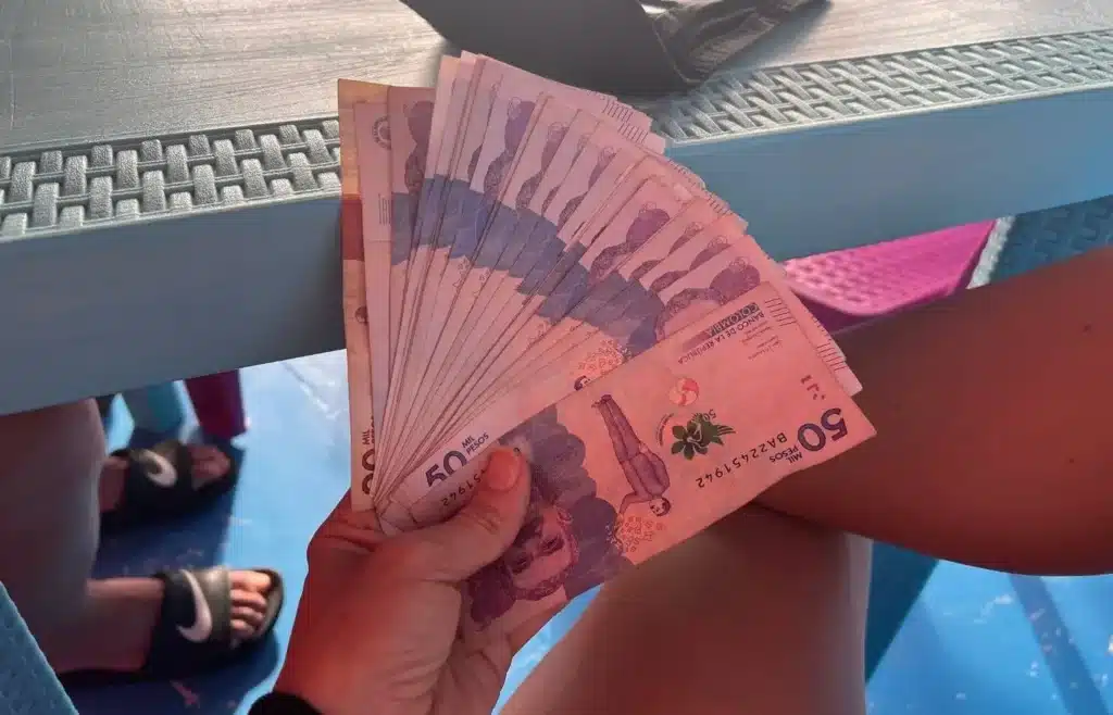Mano sosteniendo billetes de 50.000 pesos colombianos en un entorno soleado.