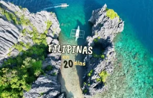 Vista aérea de lagunas turquesas y formaciones calizas en El Nido con el texto Filipinas en 20 días