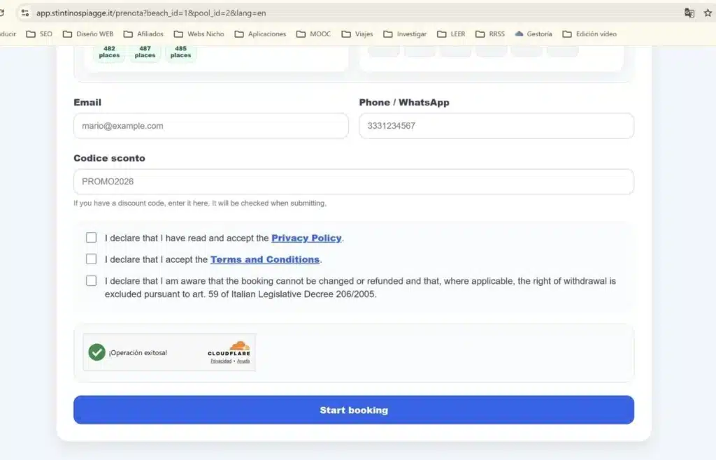 Formulario para introducir el email y los datos de los viajeros en la web oficial de Stintino.