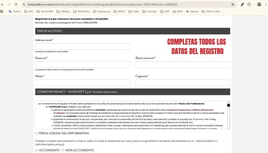 Formulario de registro Vivaticket para completar datos personales.