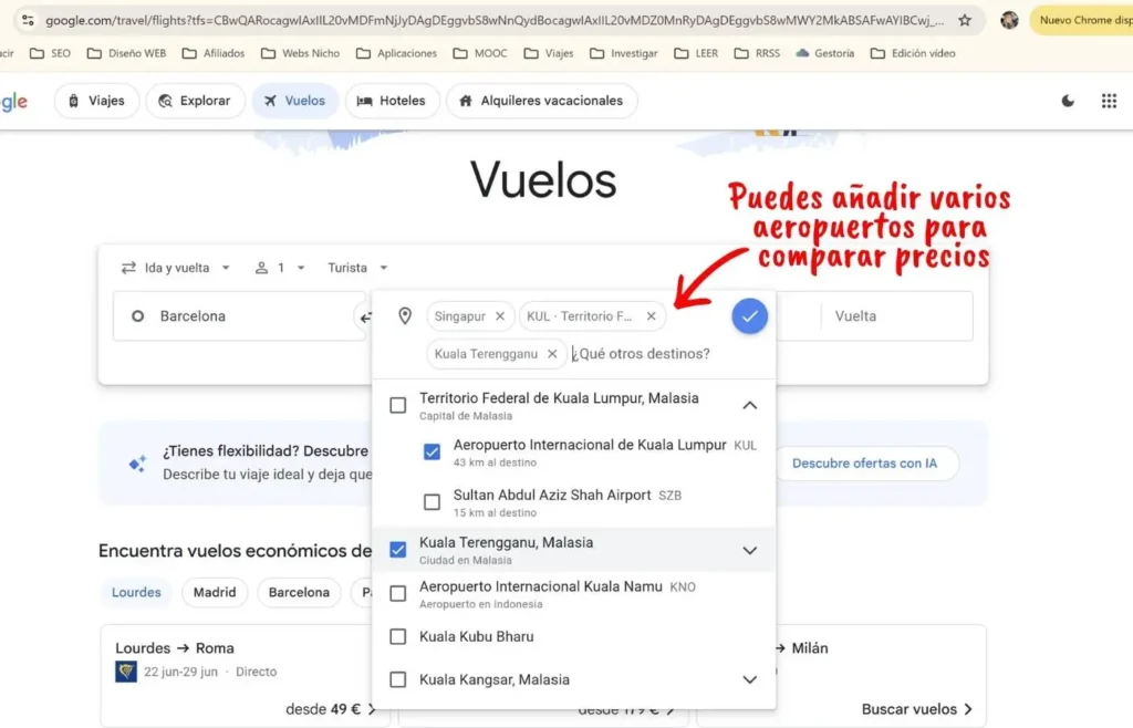 Google Flights: añadiendo múltiples aeropuertos para comparar precios.