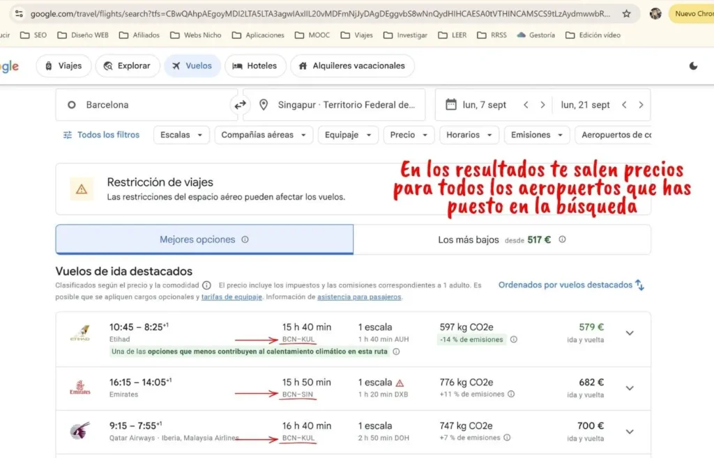 Google Flights: Vuelos Barcelona-Singapur con precios y emisiones CO2.