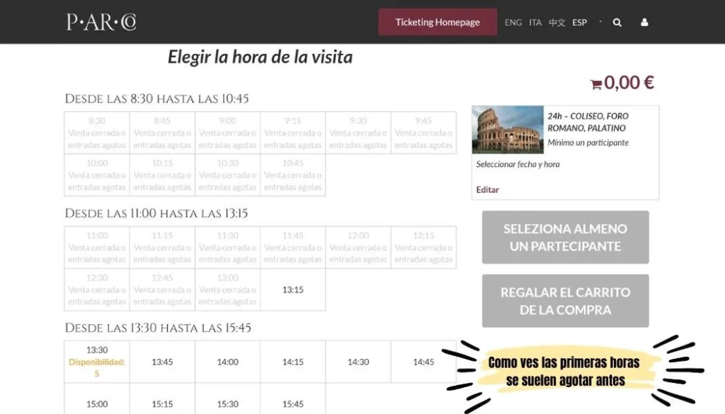 Interfaz de reserva de entradas para el Coliseo, mostrando horarios disponibles.