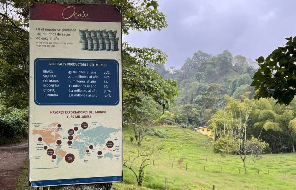 Cartel informativo con los principales exportadores de café en la Finca El Ocaso.