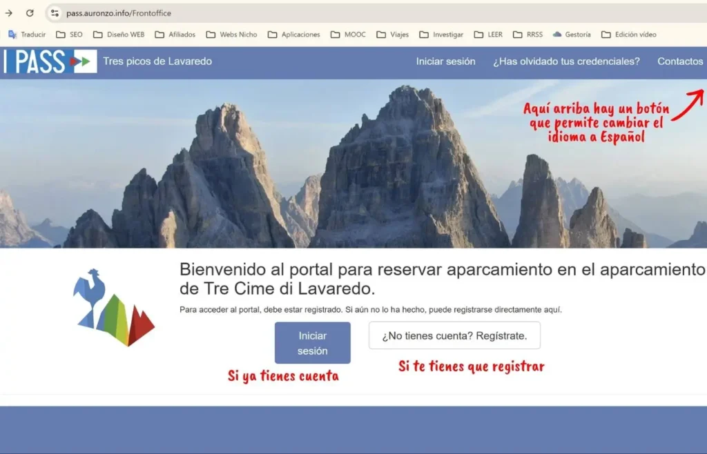 Pantalla principal del portal oficial para reservar aparcamiento en las Tres Cimas de Lavaredo.