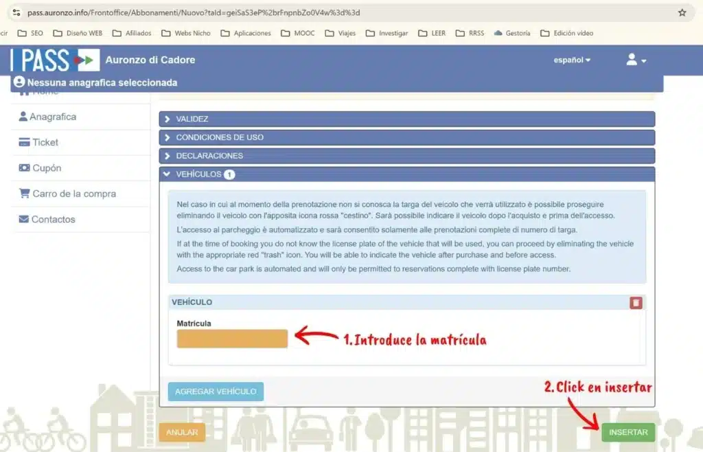 Formulario web I PASS para añadir matrícula de vehículo.