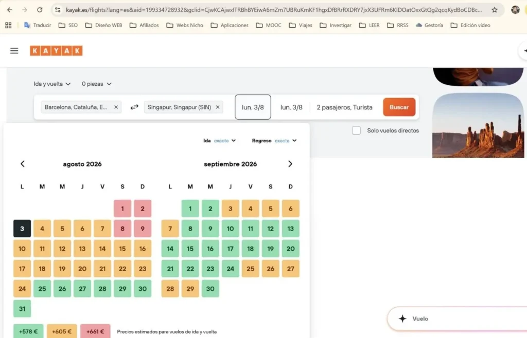 Buscador de vuelos Kayak mostrando precios para Barcelona-Singapur agosto 2026.