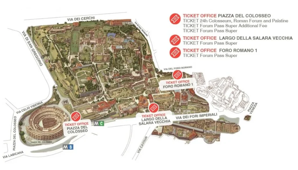 mapa accesos taquillas piazza del colosseo