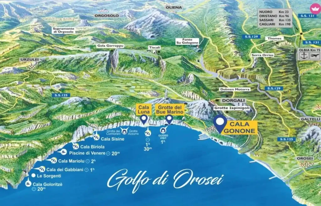 Mapa turístico ilustrado con la ubicación de las playas y cuevas del Golfo de Orosei.