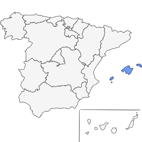 Mapa de las Islas Baleares (Mallorca, Menorca, Ibiza y Formentera) sombreadas en el Mediterráneo