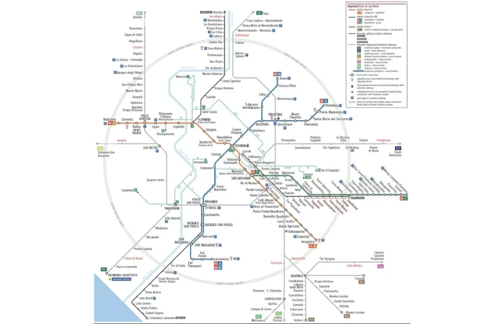 Mapa del metro y trenes de Roma, Italia.