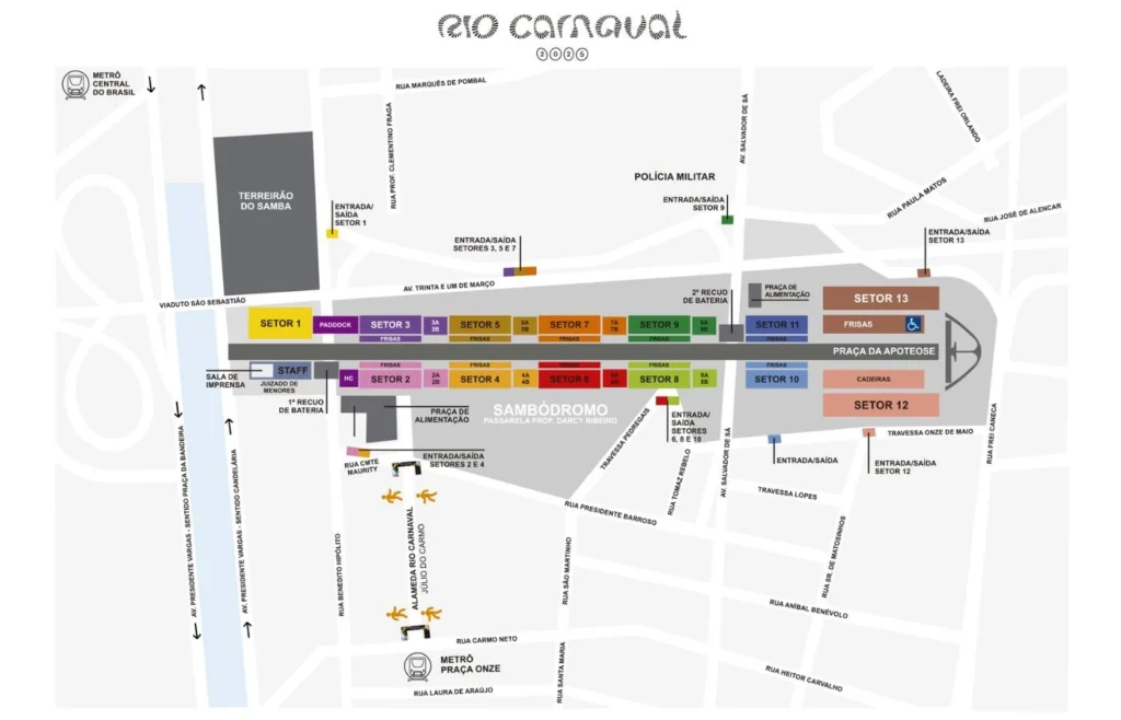 Diagrama ilustrado que muestra el mapa de sectores y accesos del Sambódromo de Río.