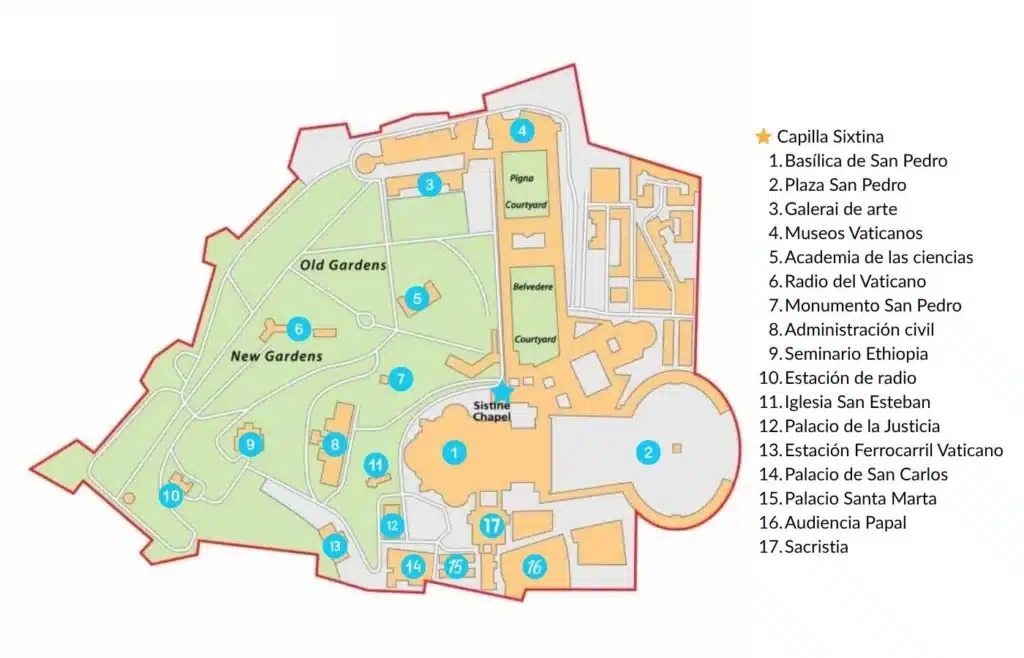 Mapa detallado de la Ciudad del Vaticano con puntos de interés.