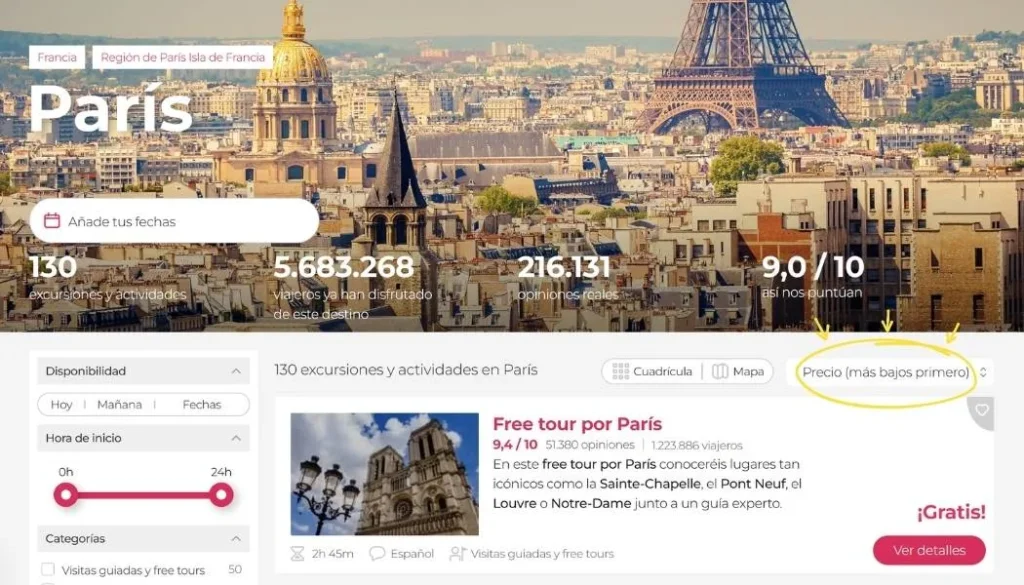 Página web de reservas de tours en París con filtros.