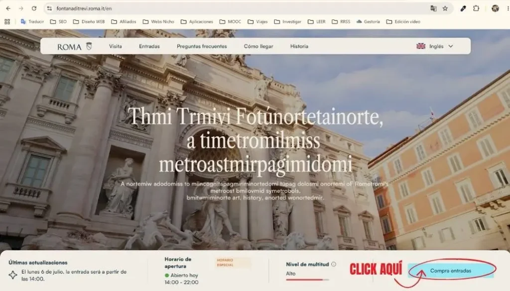 Captura web Fontana Trevi, compra entradas.