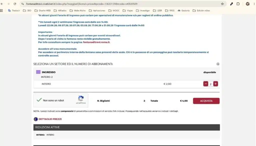 Sitio web de compra de entradas para la Fontana di Trevi, Roma.