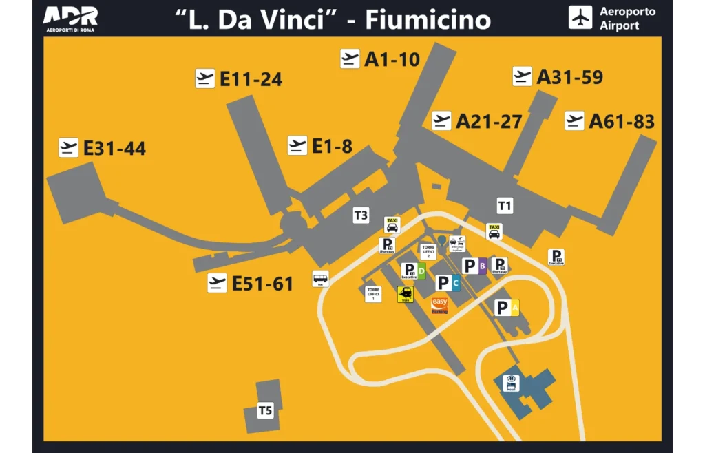 Mapa del Aeropuerto L. Da Vinci Fiumicino, Roma.