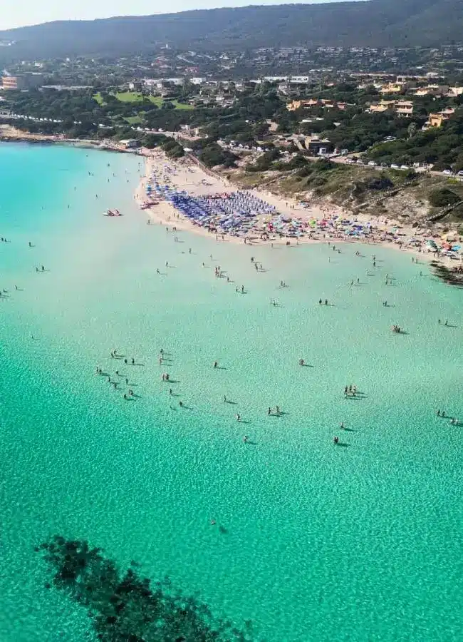 Vista general de la arena blanca y la densidad de bañistas en la playa de La Pelosa en temporada alta.