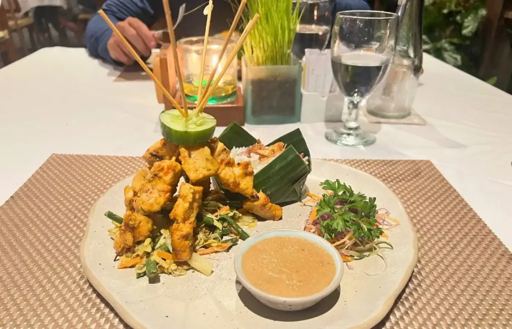 Brochetas de pollo con salsa cacahuete, arroz y verduras.
