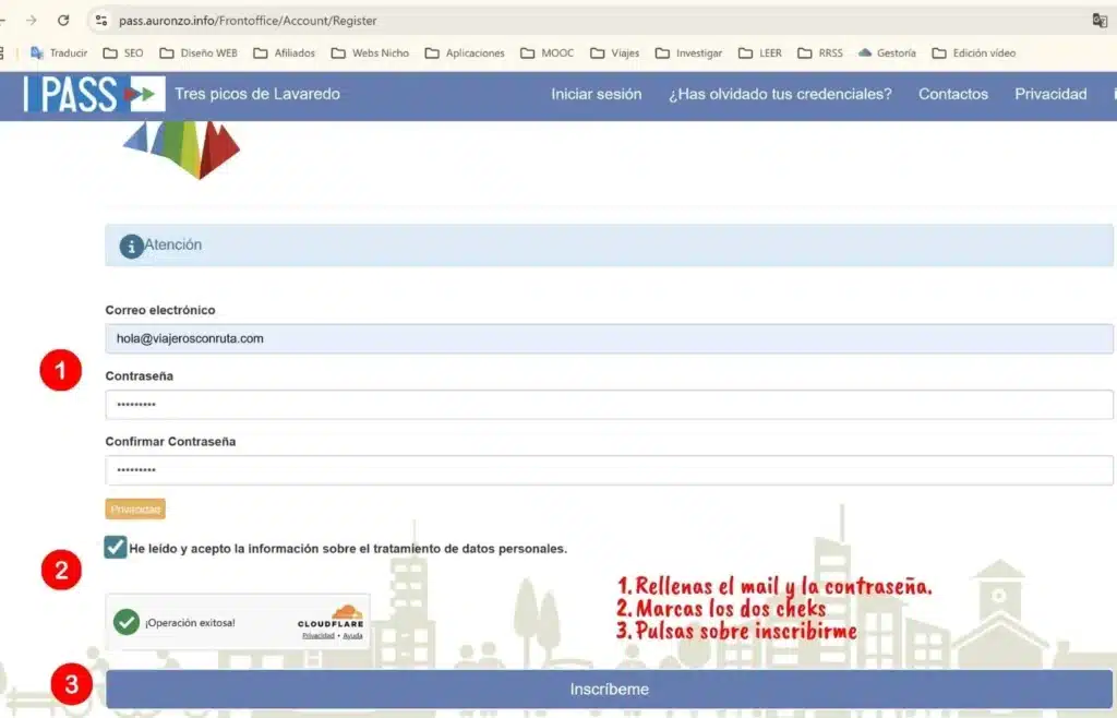 Formulario de registro web I PASS con campos e instrucciones.