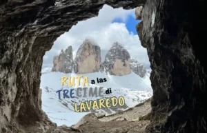 Vista desde cueva a Tre Cime di Lavaredo nevadas.