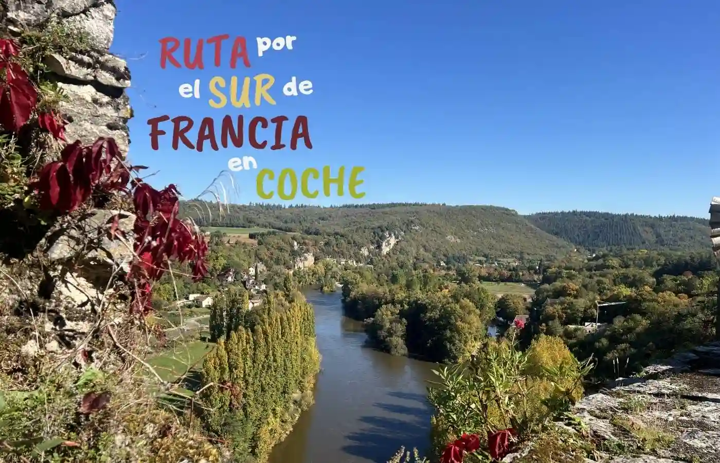 Valle fluvial francés, otoño, ruta coche sur Francia.