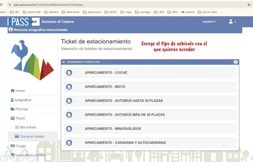 Selección del tipo de vehículo, coche o furgoneta camper, en la web del peaje de las Tres Cimas.