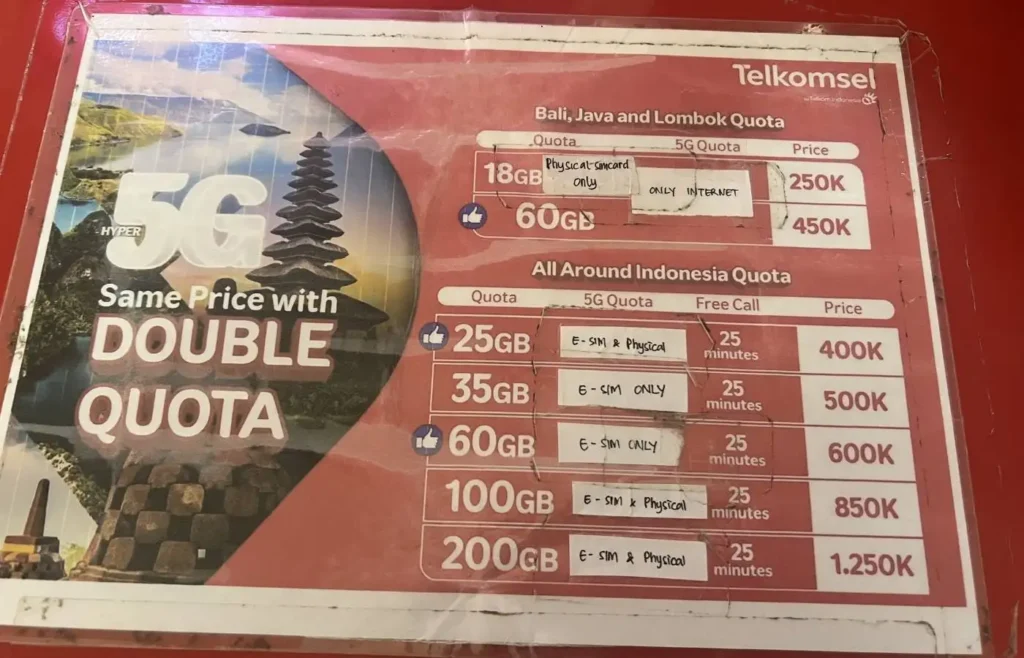 Anuncio Telkomsel 5G con precios de datos e-SIM/SIM física.