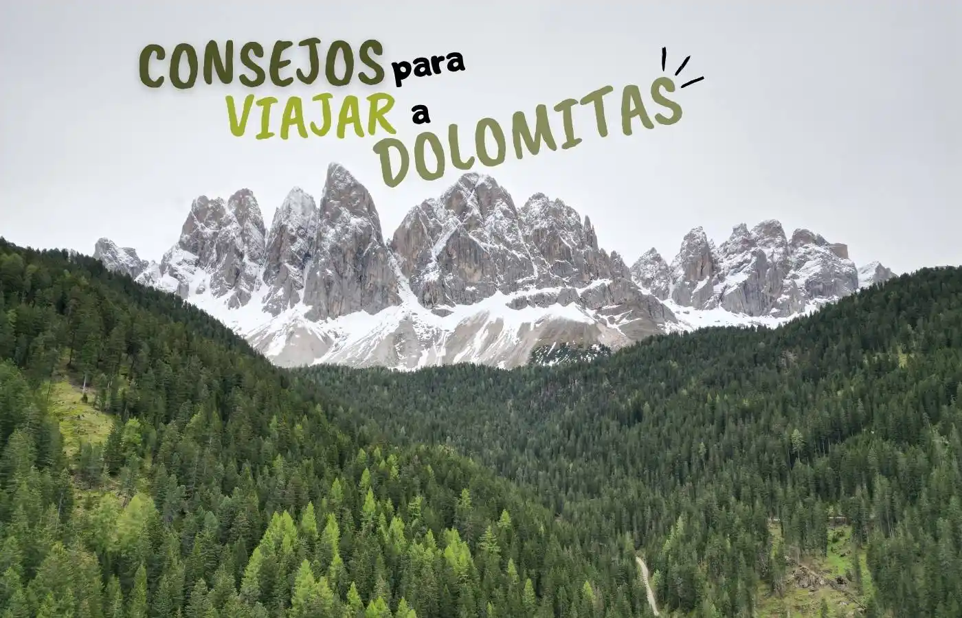 Dolomitas: montañas nevadas, bosque verde, consejos de viaje.