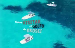 Golfo de Orosei: barcos en aguas turquesas con texto explicativo.