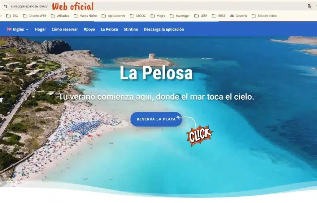 Pantalla de inicio de la web oficial spiaggialapelosa.it para reservar entradas.