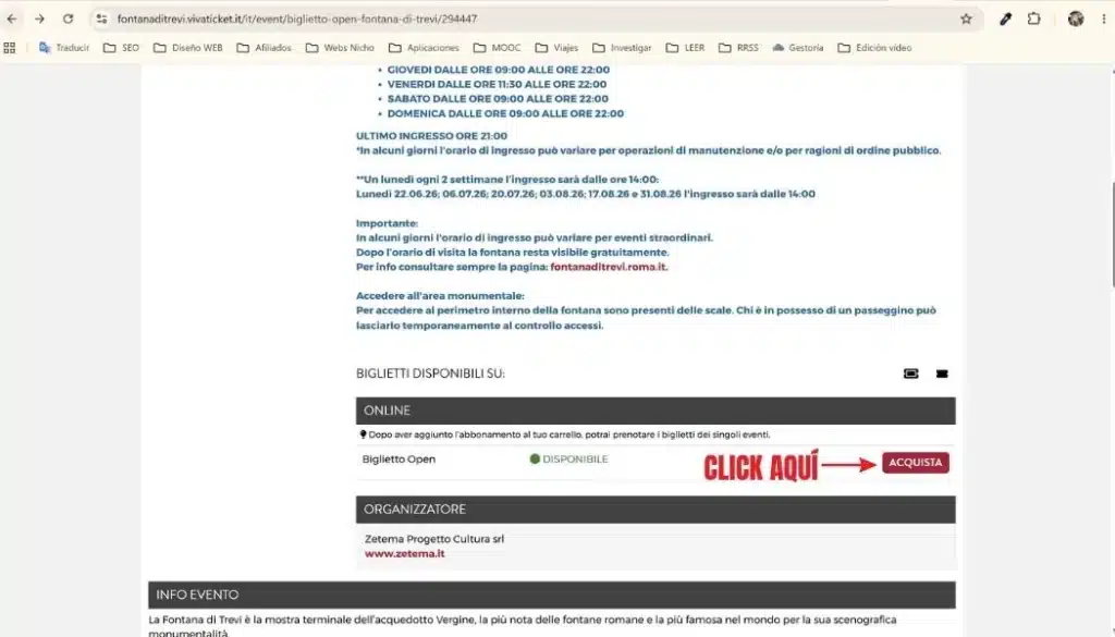 Página web de reserva de entradas para la Fontana di Trevi.